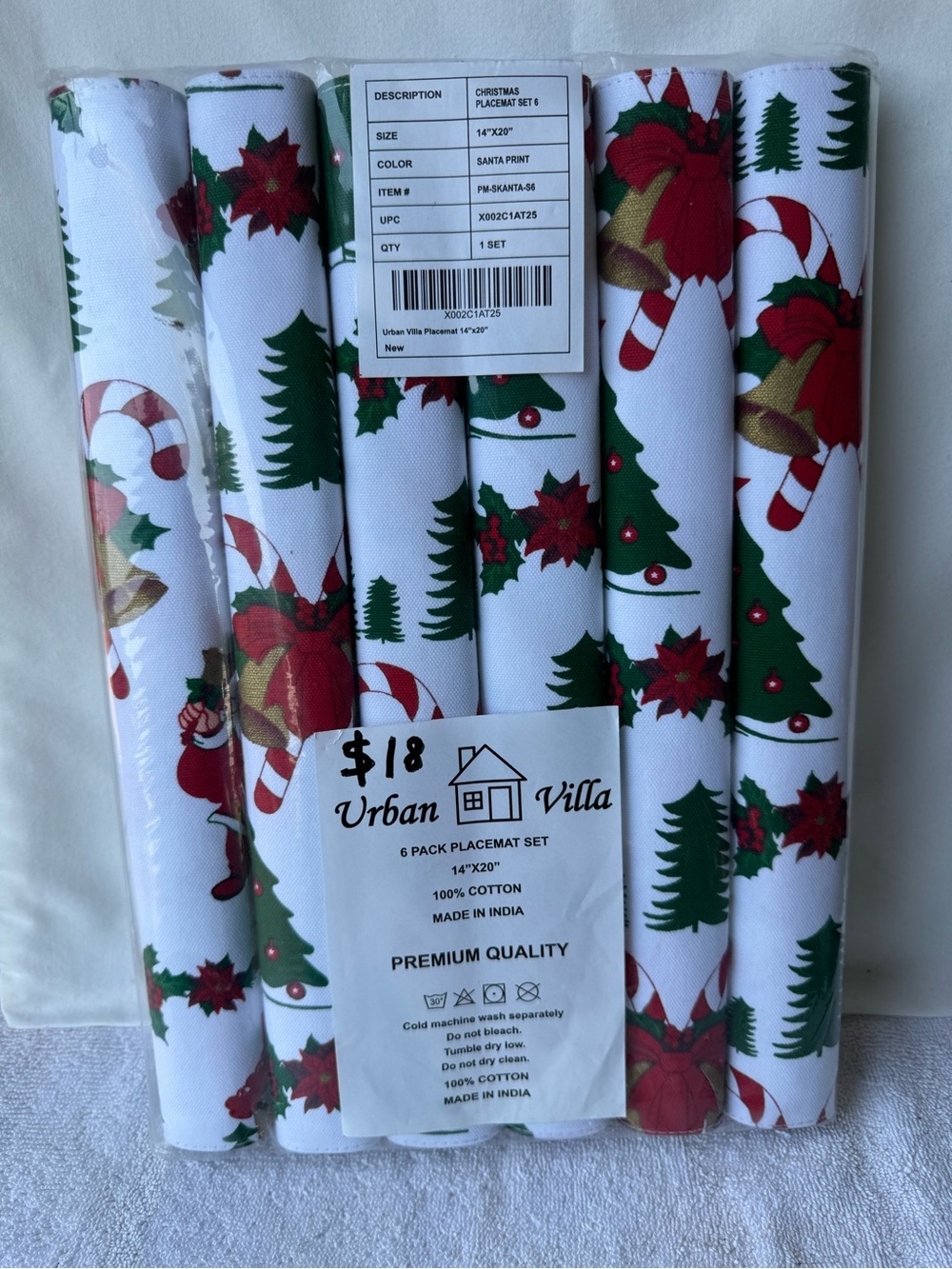 Christmas Placemat Set - White with Red & Green Holiday Print